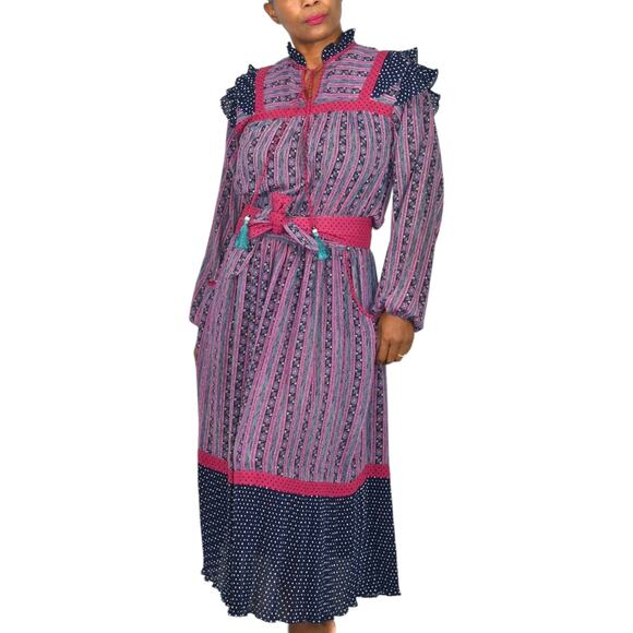 Vintage Mosaic Midi Dress Purple Mix Print Sheer Chiffon Blouson Peasant Medium - Picture 9 of 16